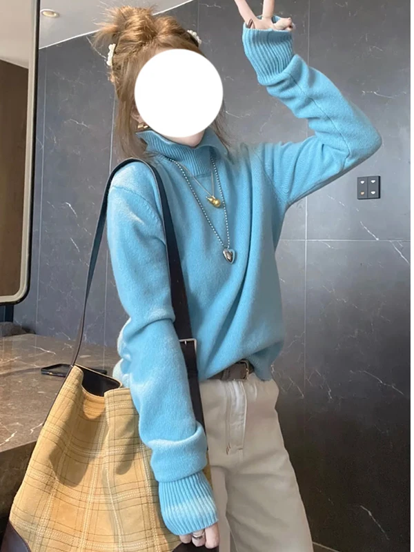 

Мягкий уютный высокий синий свитер, женский осенне-зимний новый вязаный топ для внутренней одежды, модный свободный крой для поездок на работу