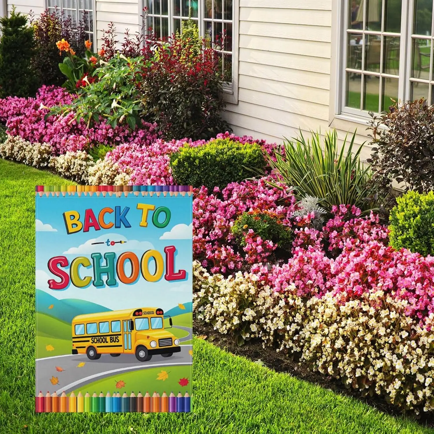 Back To School Garden Flag 12 x 18 Double Sided, Colorful Pencil School Bus Fall Leaves House Yard Flags Outdoor Indoor Bann uui