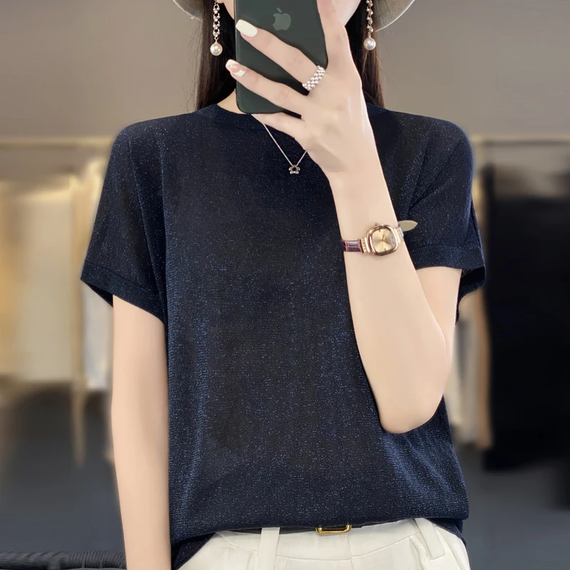 Summer round neck bright silk short sleeve sweater female loose sweet fashion high-end solid color ice silk half sleeve T-shirt