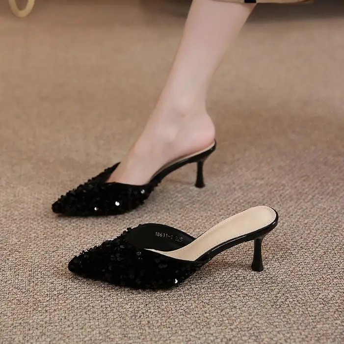 Slides Pointed Toe Woman Slippers Outside Shoes For Women Heeled Sandals Crystals Jewels Rhenstone Eva Cheap Premium Sale