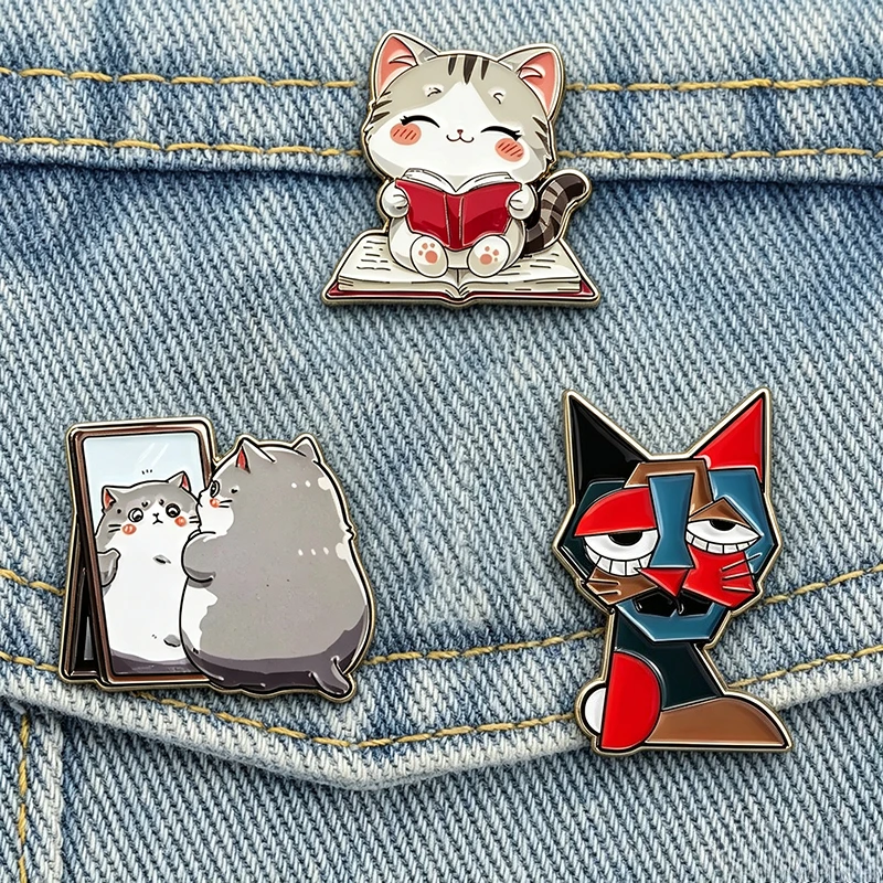 Cute Cartoon Cat Enamel Pins Reading Kitty Mirror Chubby Cat Abstract Geometric Cat Fashion Lapel Badges