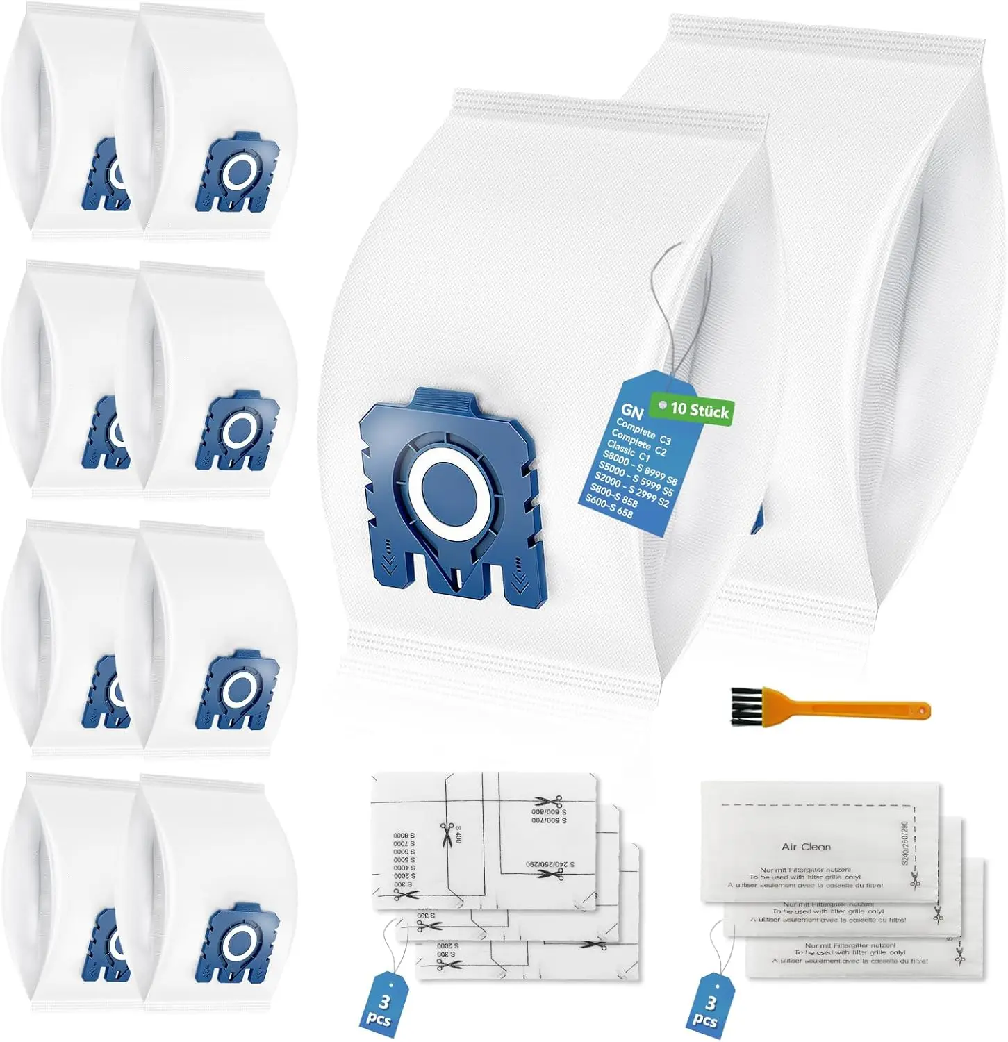 10 bolsas para aspiradora Miele S8340, S8360/Complete C3/Classic C1/Hyclean GN y Pure Bag, 3 filtros de motor + 3 filtros de escape