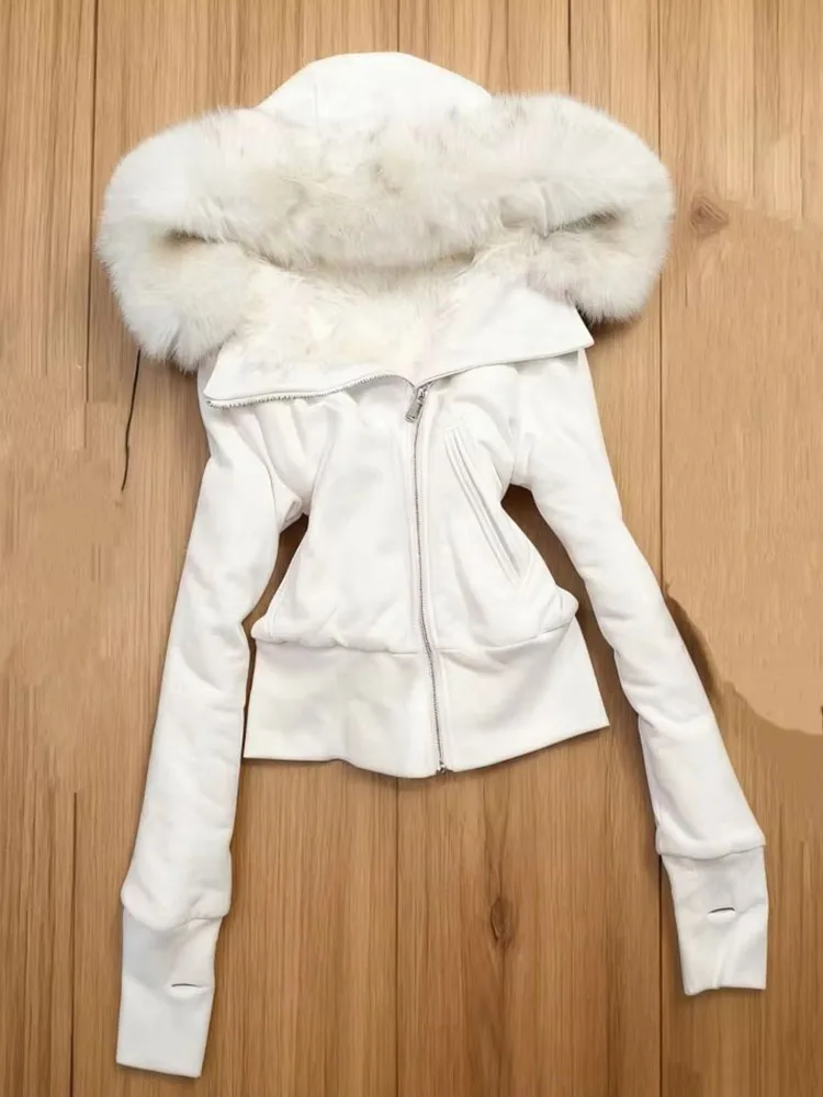 Women Jackets Vintage Furry Patchwork Hooded Slim Zipper Irregular Outwear Grunge Gothic Y2k Aesthetic Harajuku Coats