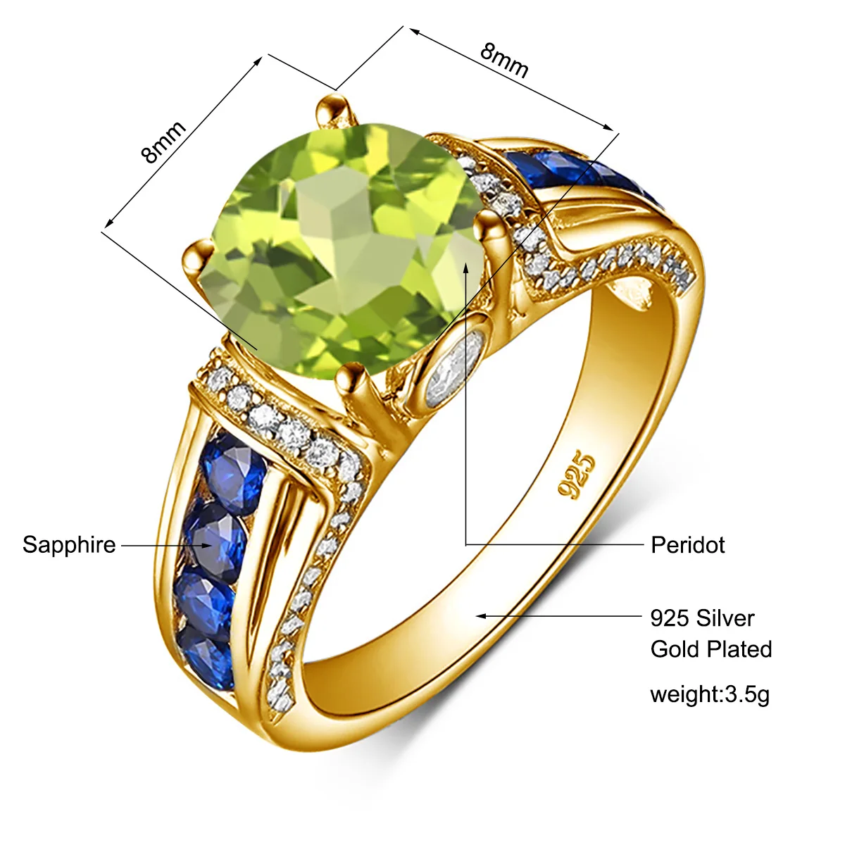 Szjinao Round Cut 8*8mm Green Peridot Ring Gold For Women Trend Female Jewelry Birthstone Luxury Designer Gift High Quality Sale