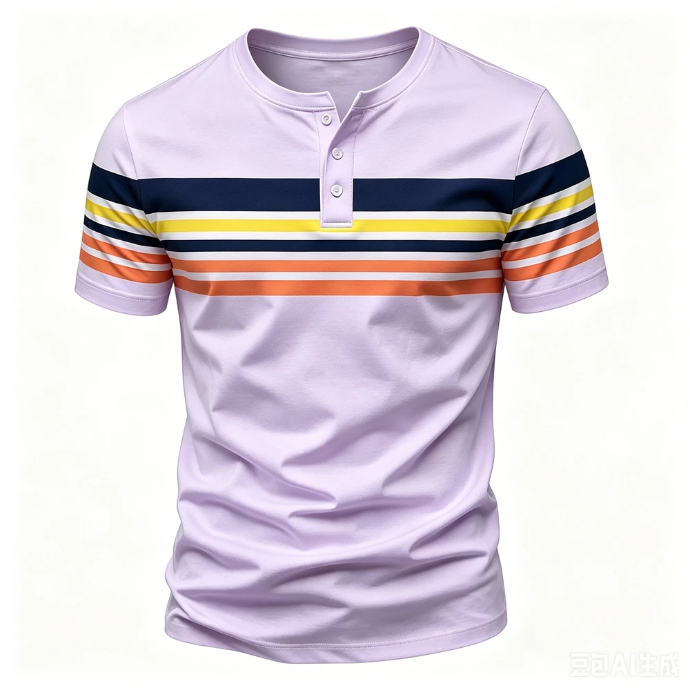 Fashion Henry Collar Short Sleeve Tees Casual Simple Men's Henry T shirt Funny Stripes Print Button Tops Summer Street Clothing view 4