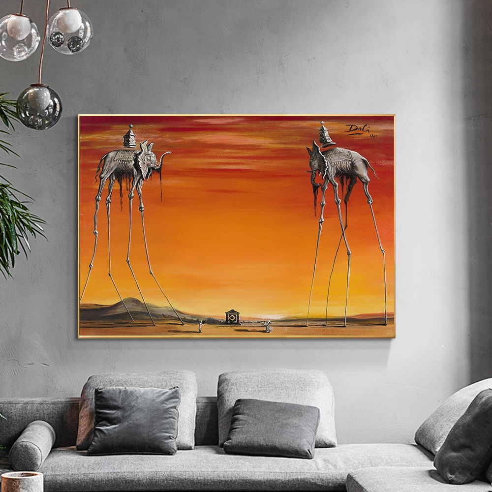 

Elephant Painting Salvador Dali Surrealist Wall Art Canvas Print Retro Red Sunset Poster for Gift Living Room Home Decor Cuadros