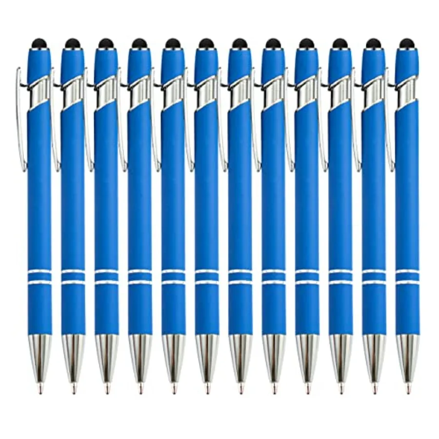 

12 Pieces Blue Ballpoint Pen with Stylus Tip, 2 in 1 Stylus Stylish Pen, Blue Metal Stylus Pen for Touch Screens, Black Ink, 1.