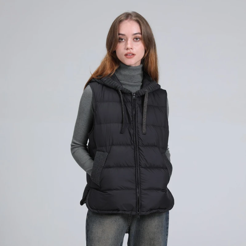 Autumn and Winter Women\'s  Knitted Patchwork  Short  Down Vest Casual Loose Versatile Hood Zipper Warm  Sleeveless  Coat