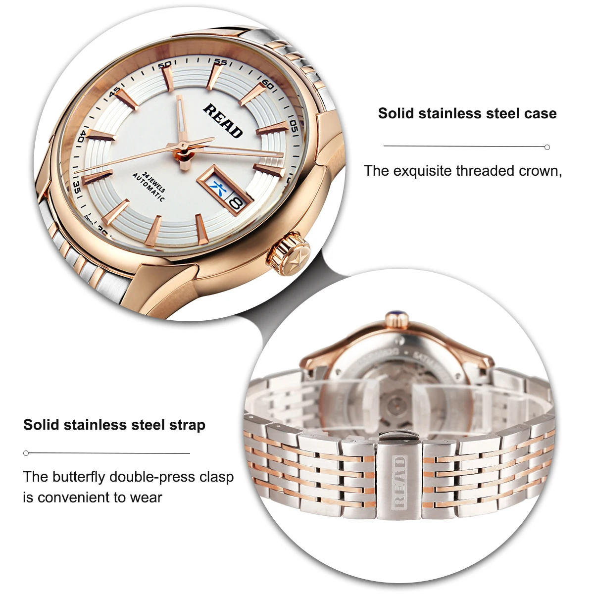 READ Men Automatic Watch | Two‑Tone Steel Bracelet | White Dial Day‑Date Function | Hard Glass Mirror | 50M Water Resistant