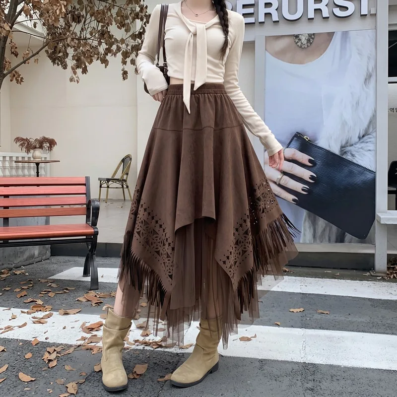 Gothic Black Irregular Midi Skirt For Women Elastic High Waist Hollow Cutout Fringe Tassel Mesh Tulle Spliced Swing A‑line Skirt