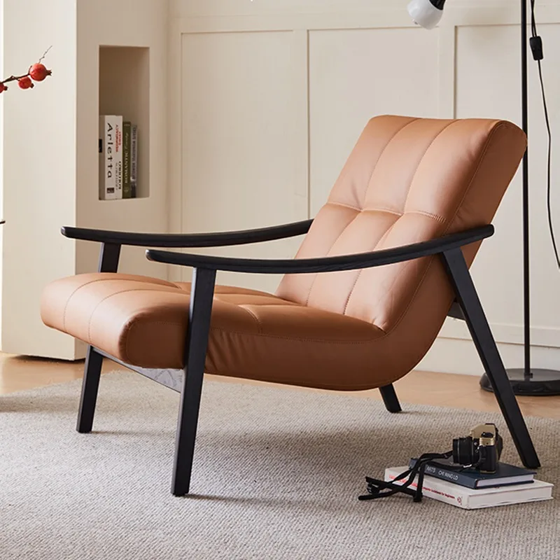 

Italian Style Modern Solid Wood Leather Villa Lazy Sofa Living Room Balcony Casual Single Sofa Ambone Accent Chair