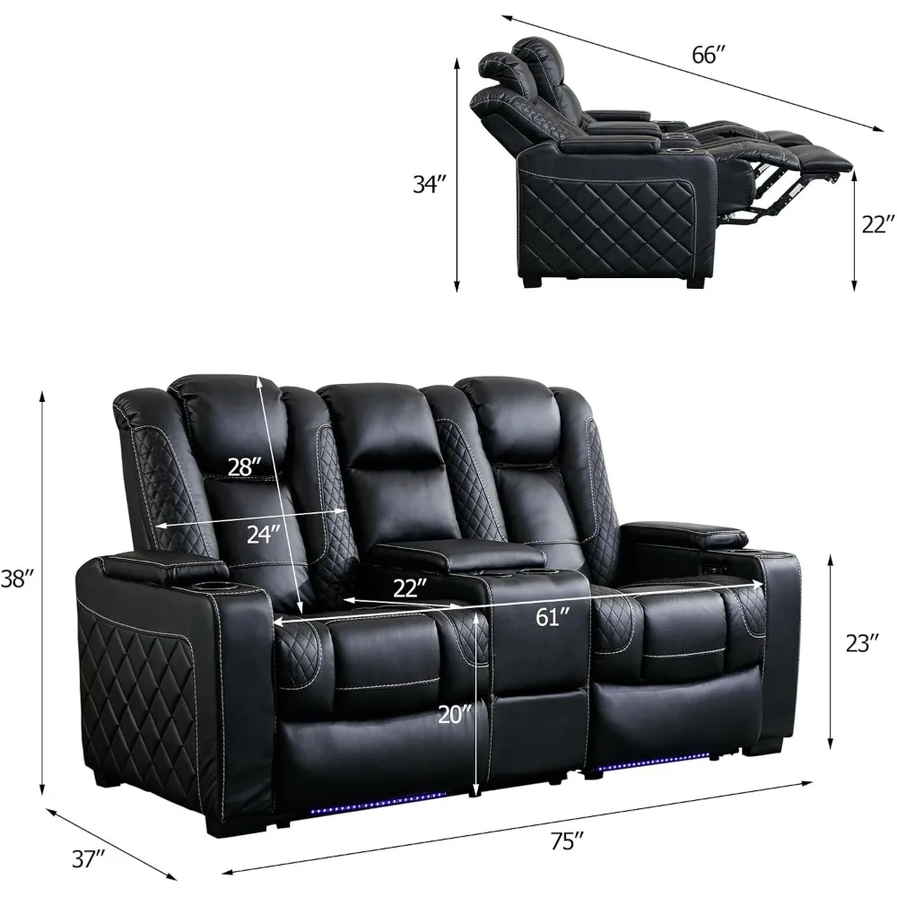 Sièges de cinéma maison en simili cuir noir avec éclairage ambiant, fauteuil inclinable électrique, appui-tête réglable, caché