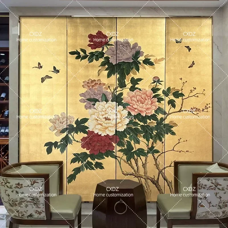 Modern Minimalist Folding Mobile Room Divider Gold Foil Peony Screen Partition for Living Room Entrance Office Home