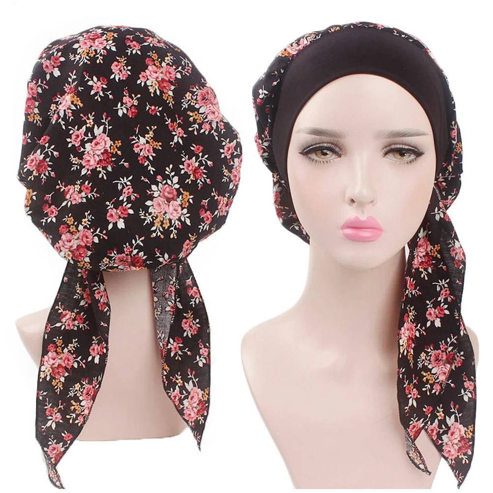 

Cotton Turban Hat For Women Elastic Headscarf Printed Hair Loss Cap Sleeping Bonnet Moisture Lock Chemo Cap Floral Hat (Black