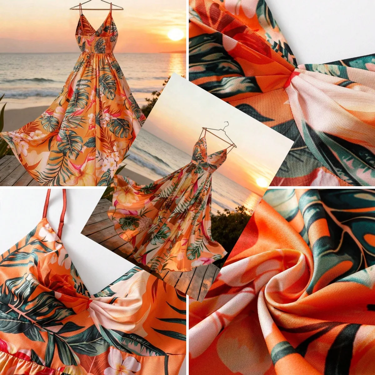 

Women Vacation Casual All-Over Print Spaghetti Strap Mid-Length Dress