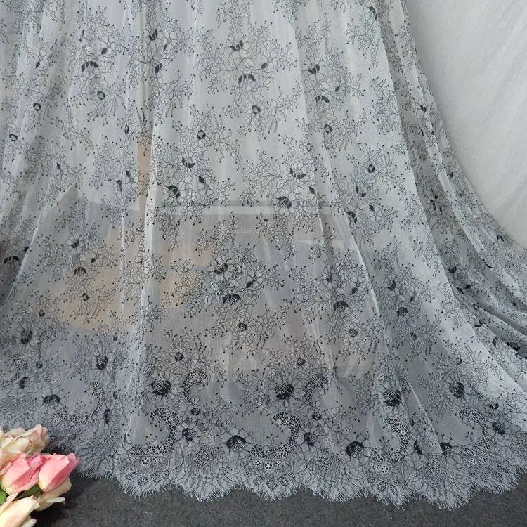 

3m Long High - Quality Dense Mesh Gray - Bottom Black Crochet Eyelash Lace for Clothing Accessories DIY Material 150cm Wide
