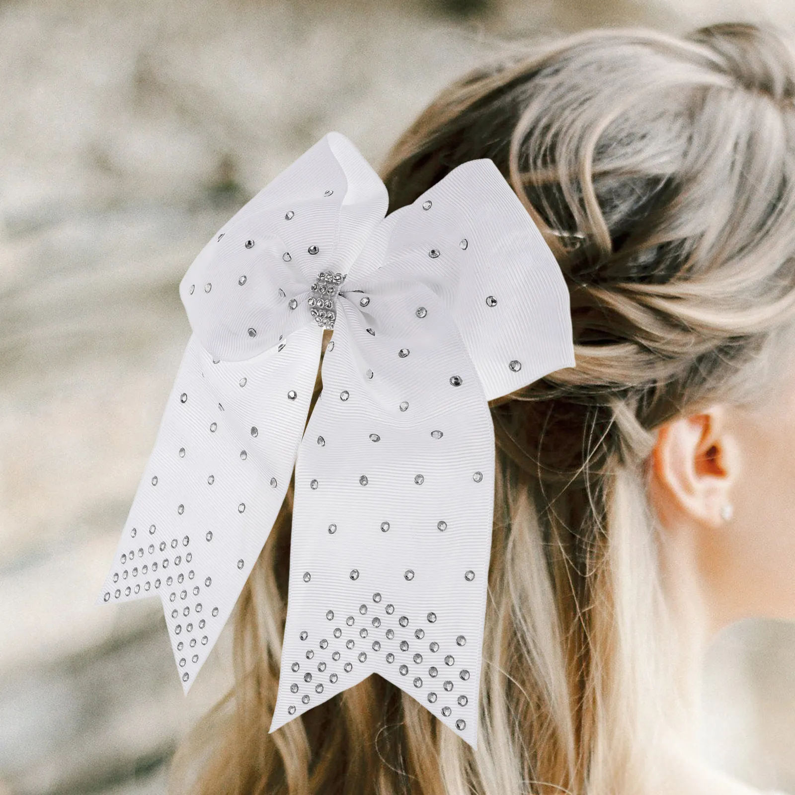 

6Pcs Large Rhinestone Cheer Bows White Hair Bow Soft Ribbed Fabric Cheerleading Dance Party Cheer Hair Ties Accessories