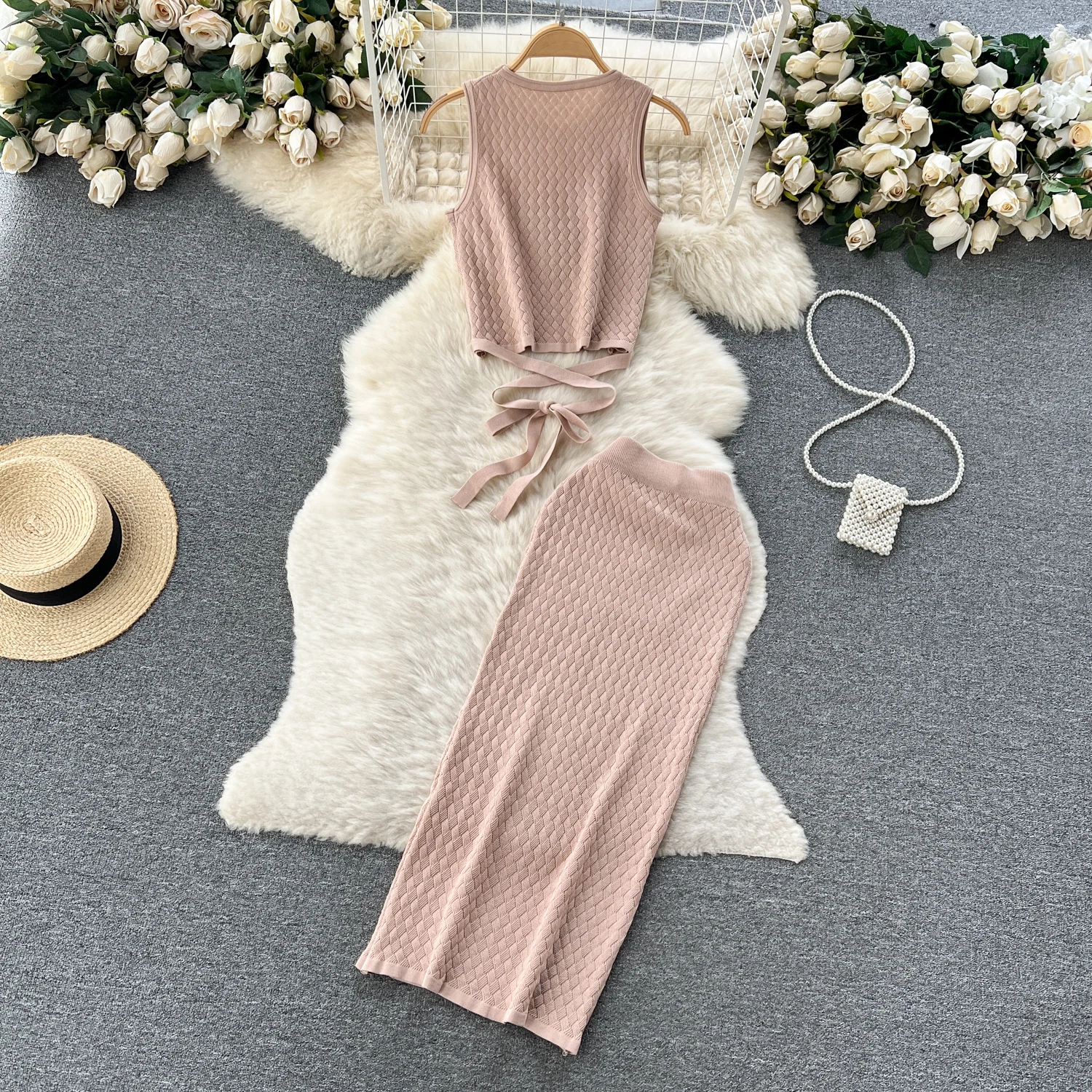 

Summer Faion Floral Embroidery Set Women's Svel Belted ort Tank Top plus Bodycon Skirt Two-Piece Trendy Outfit