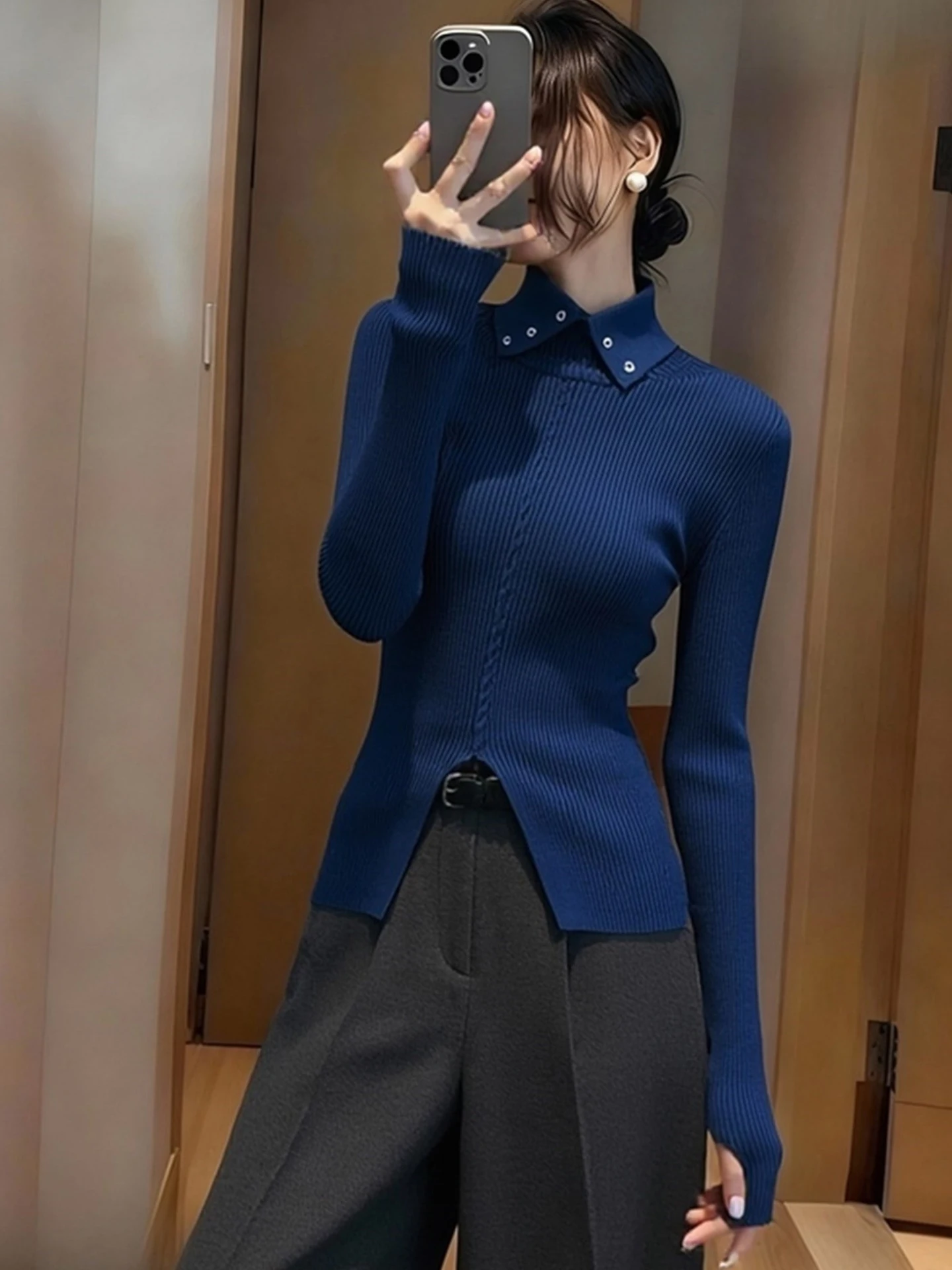 

Slim Fit Long Sve Knitted Sweater Ele Sle Comfortable Women's Top Faionable Base Layer irt Simple Korean Sle