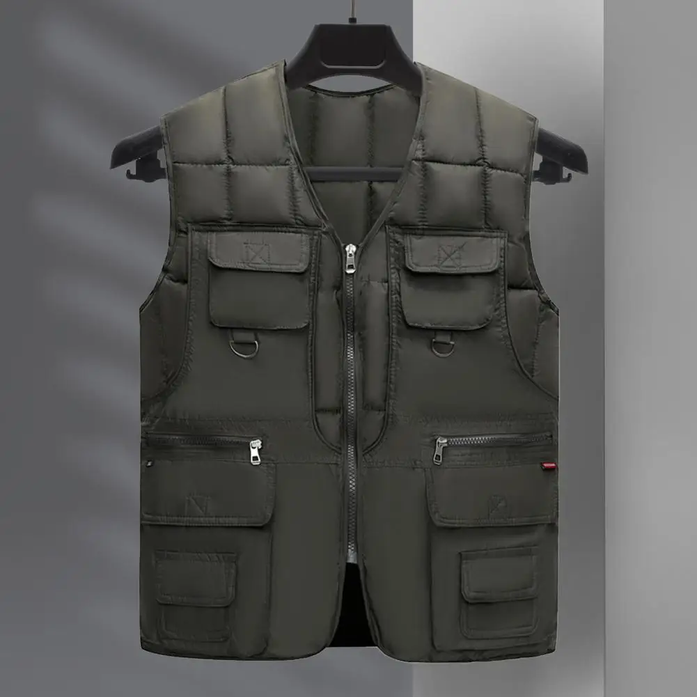 Men Down Vest 10 Pockets Cargo Vest Sleeveless Zipper Placket Vest Coat Multi Pockets Solid Windproof Warm Padding Down Jacket