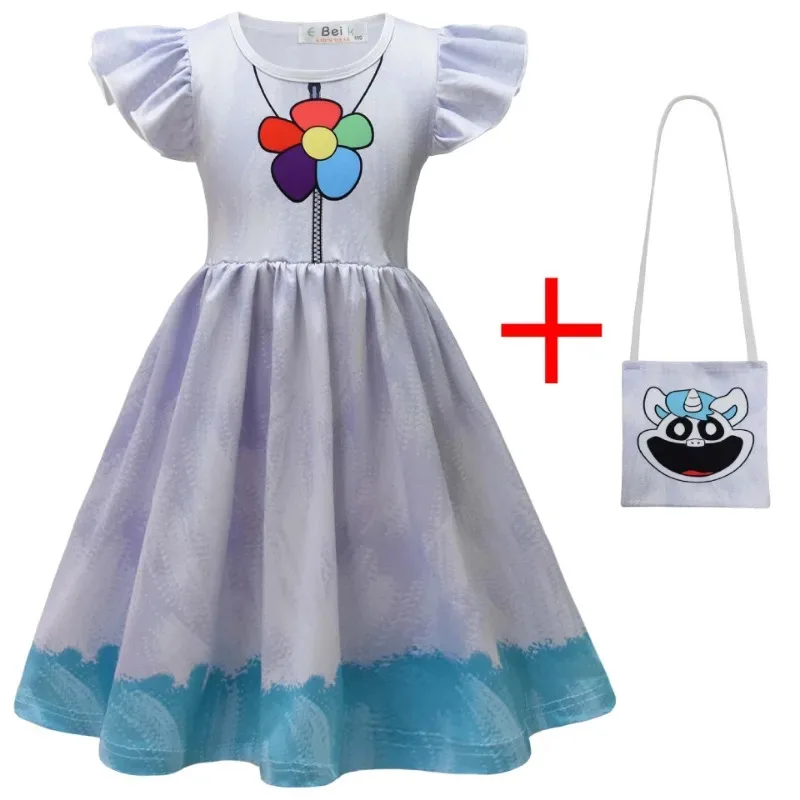 Kids Cartoon Smiling Critters Baby Girl Dresses Kids Catnap Dogday Clothes Cosplay Costume Children Fly Sleeve Casual Dress Bag