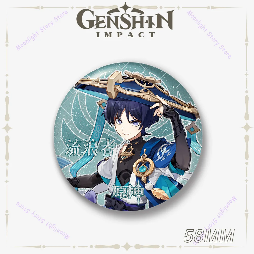 Genshin Impact 58MM Abzeichen für Rucksack Hut Jacke Dekoration Raiden Shogun Hu Tao Zhongli Anhänger für Fans Modeschmuck