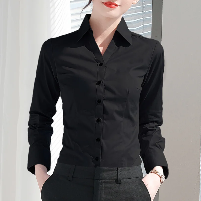 

White Blouse Women 2023 Spring Fashion Lapel Long Sleeve OL Style Career Work Shirt Office Lady Korean Slim Large Size Black Top