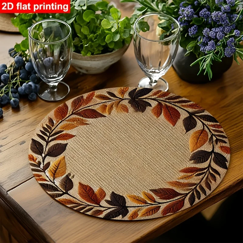 VIKAMA Autumn Olive Leaf Jute Round Placemat, Non Slip Washable Heat Resistant Mat, Fall Harvest Thanksgiving Kitchen Decor