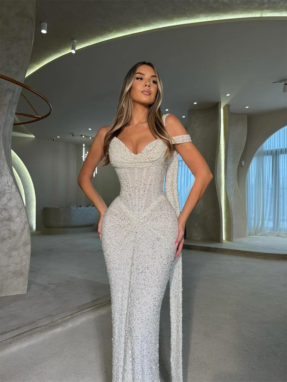 

Роскошное индивидуальное блестящее платье-русалка цвета слоновой кости на одно плечо, плиссированное, в пол, без рукавов, для выпускного вечера/вечернее платье