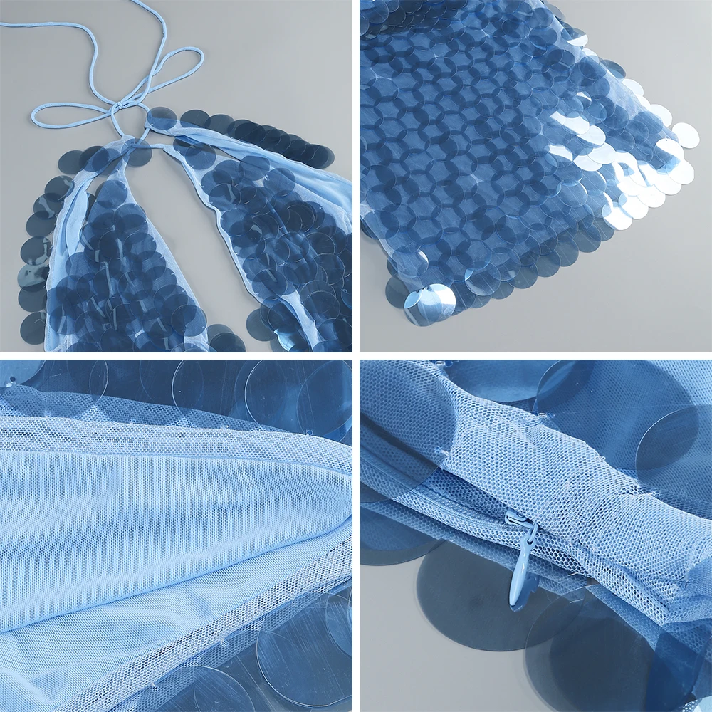 ชุดเดรสหรูหรา คอวีลึก แขนกุด สายผูกคอ เปิดหลัง ประดับเลื่อม ผูกโบว์ด้วยตัวเอง ผ้าตาข่าย ชุดมินิเดรส สำหรับงานพรอม งานวันเกิด งานเลี้ยงกลางคืน งานปาร์ตี้