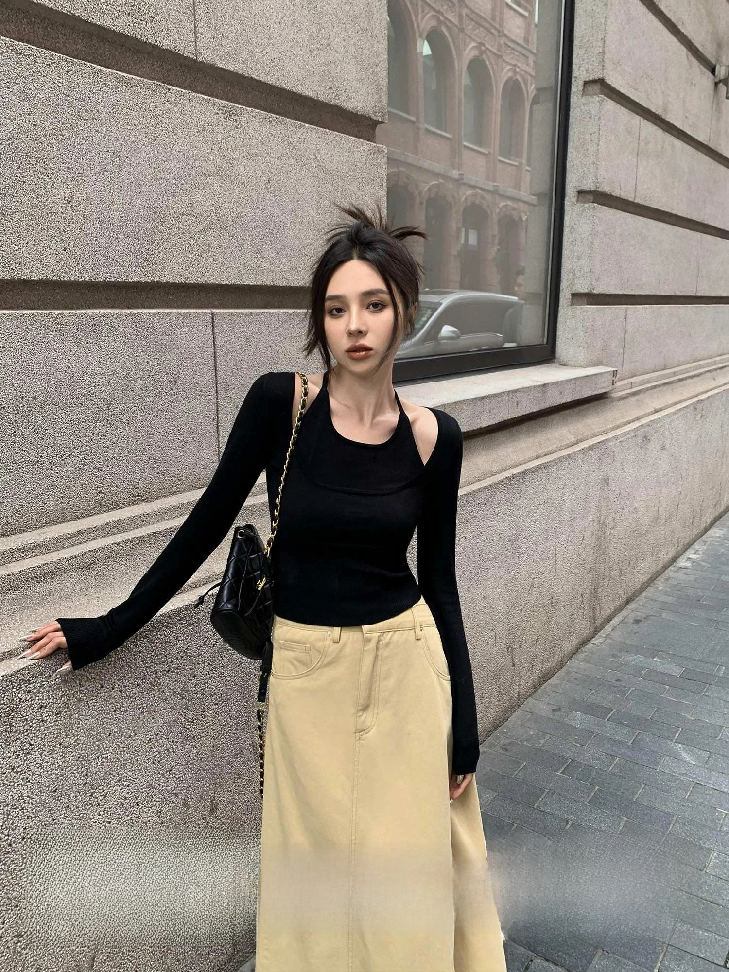 

Chen Mi Fan Long Sve Ne Hanging False, состоящий из двух частей, женский осенний топ Bla Slim ort, вязаный топ, базовый слой irt