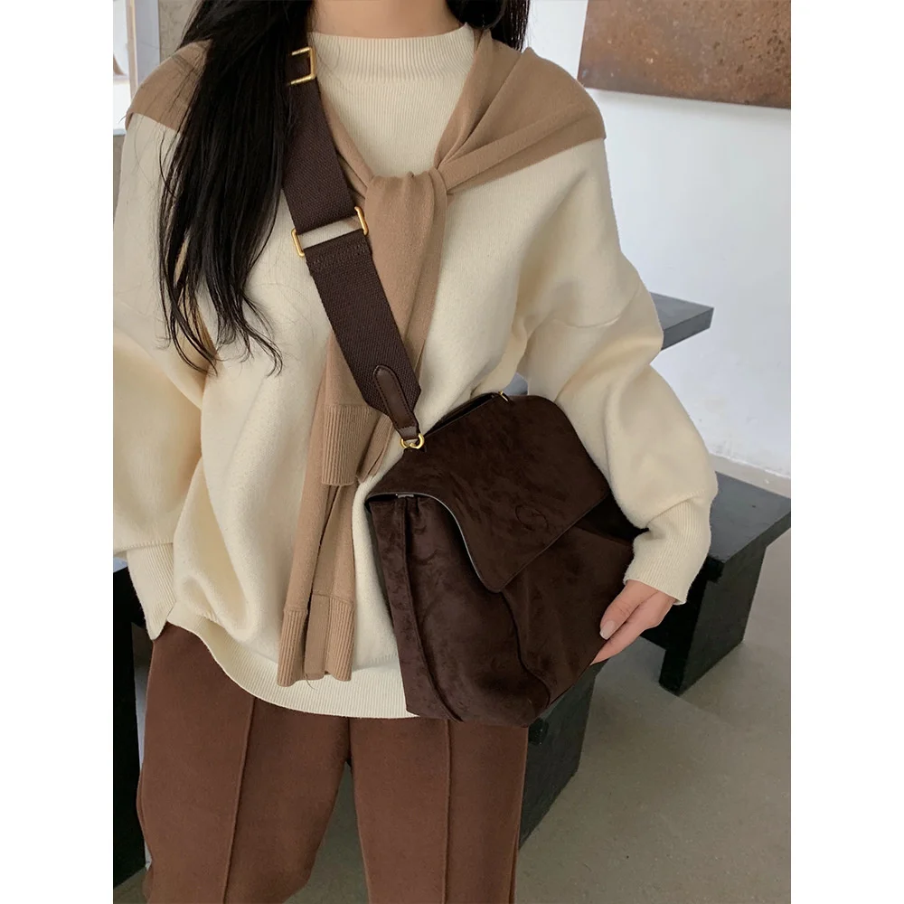 Autumn Winter Frosted Brown Handbags Female Shoulder Bag Vintage Wide Strap Crossbody Bag Large Capacity Messenger Bag