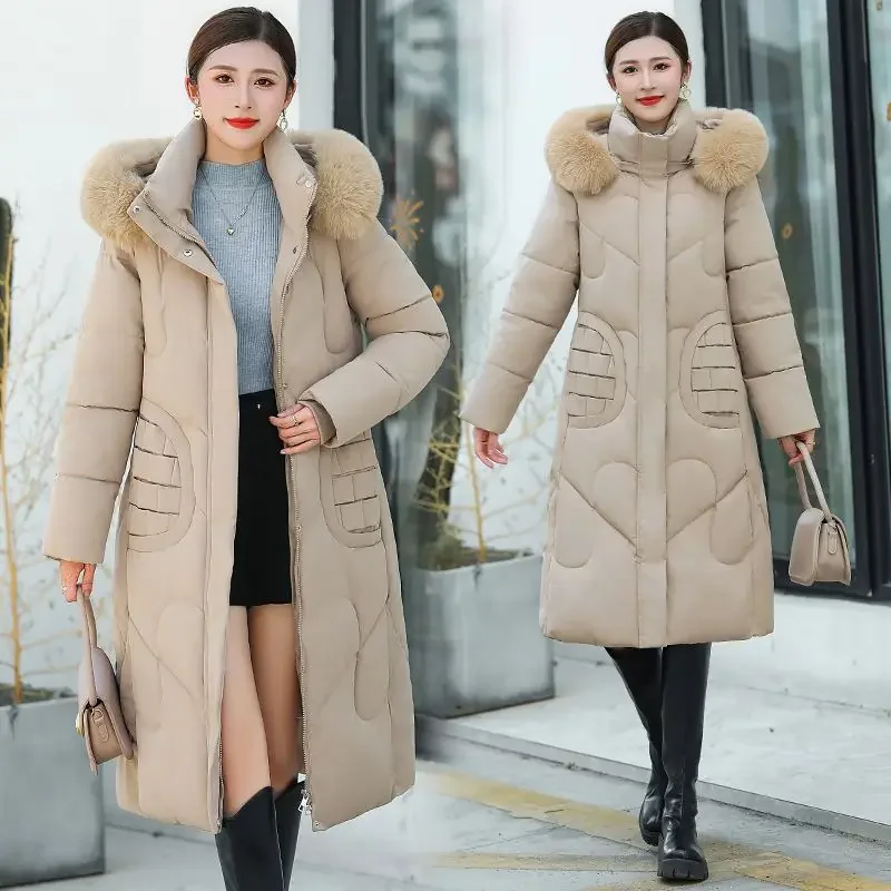 Piumino invernale da donna in cotone Giacca da pendolarismo lunga in cotone con cappuccio antivento