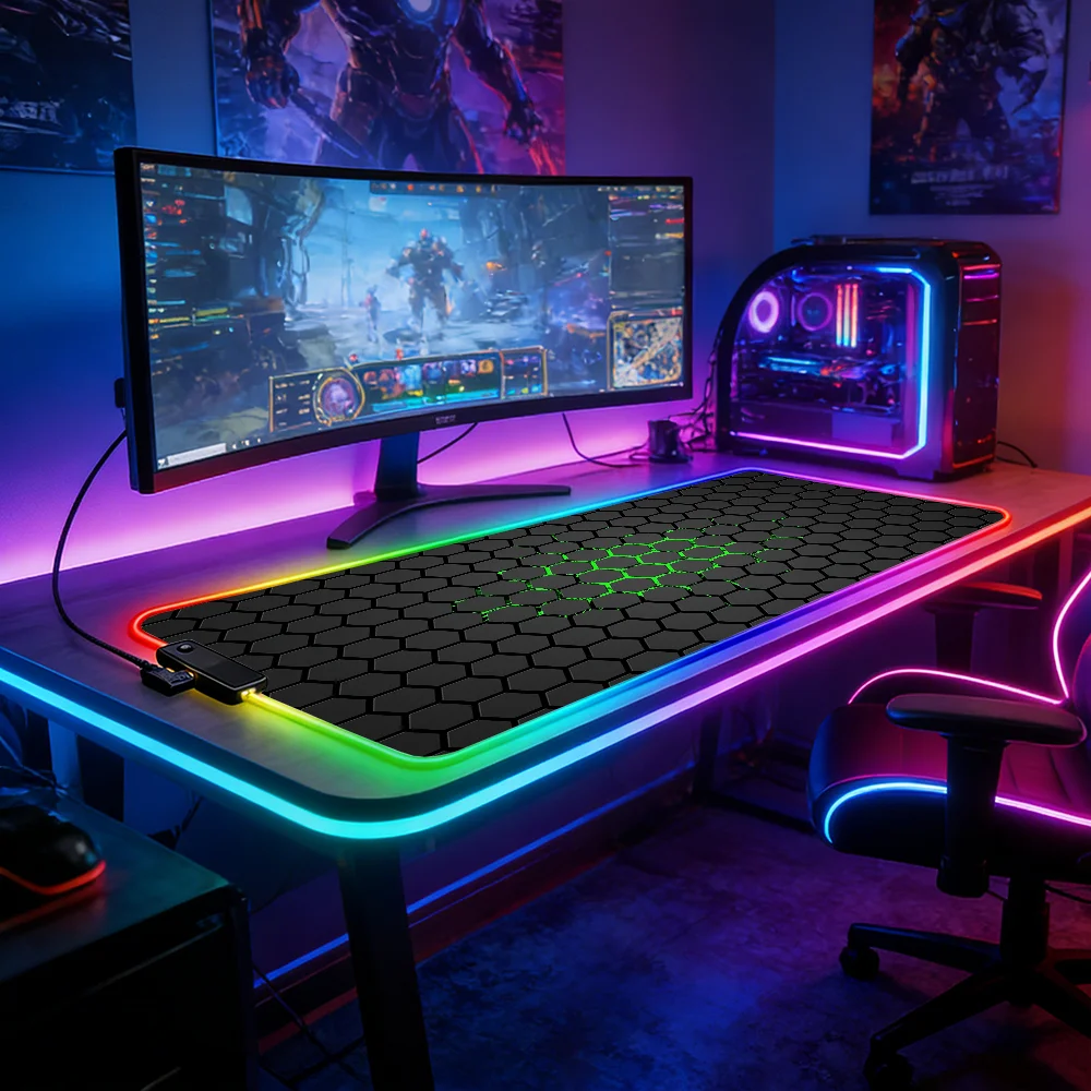 LED Lighting RGB Mouse Pad E-sports Game Keyboard Pad Table Mats Geometric Hexagons Deskmat Laptop Accessories Mousepad Gamer
