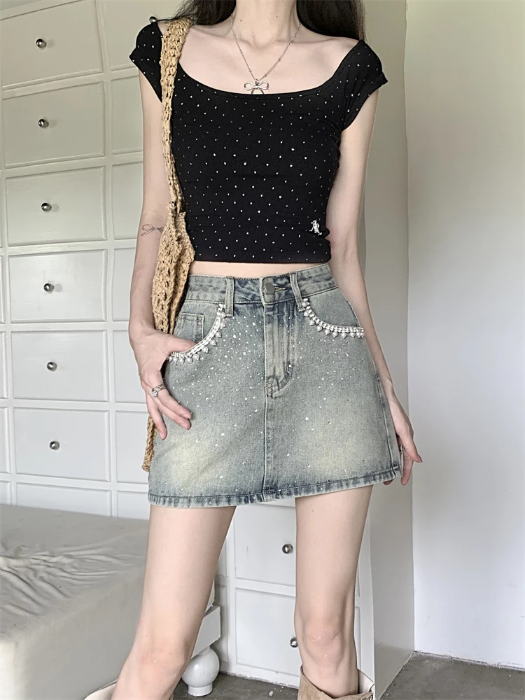 Saia de Denim Pesadamente Decorada para Mulheres, Cintura Alta, Corte em A, Saia Casual com Diamantes, Ajuste Casual para o Verão 2025