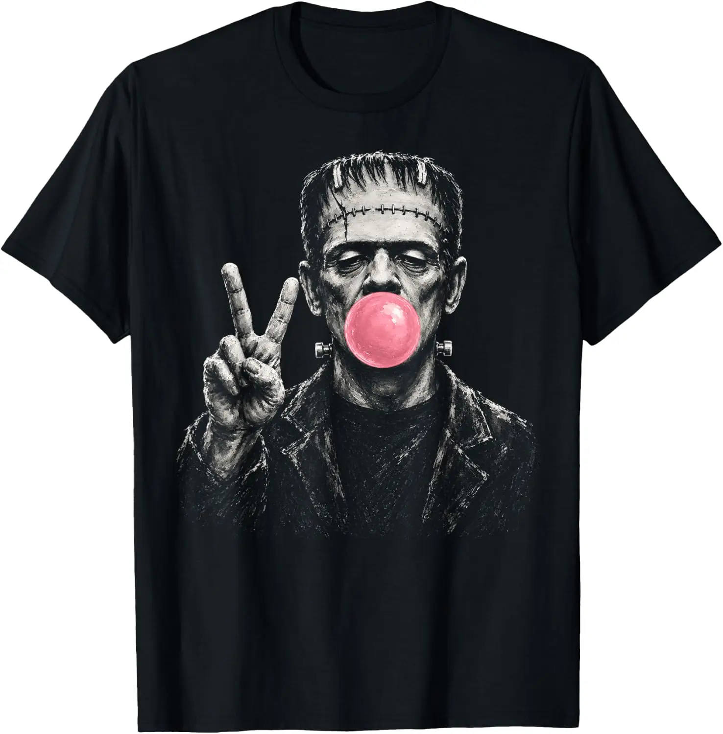 Vintage 90S Frankenstein Blowing Bubblegum Heart Sunglasses T-Shirt Men Vintage Street Style Graphic Tee Casual Short Sleeve Daily T‑Shirt.y2k aesthetic,retro Graphic Print,Hand Drawn Pattern,Fashion Streetwear,Soft Fabric,Daily Wear