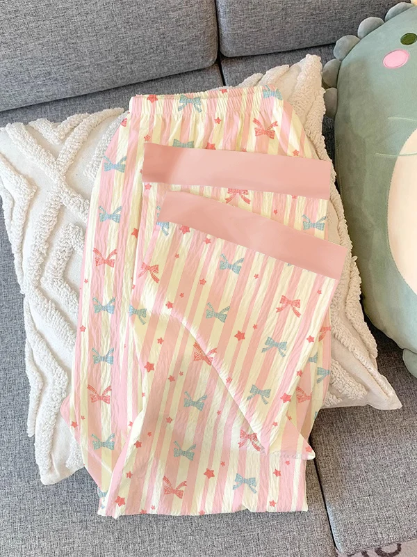 Girls Stripe Sleepwear Women's  Knot Star Long Sleeve Long Pants Korean Style Sweet Crepe Home Clothes Set - view 5
