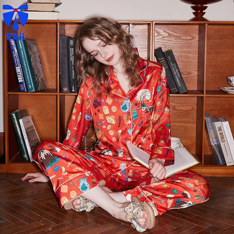 【Orange Dessert】comfortable Ice Silk Pajamas Women High-end Sense ins Style Lapel Spring/Summer Long Sleeve Home Suit 24