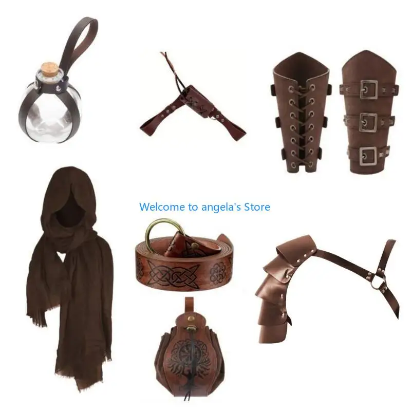 

X4YC Medieval Leather Belt Shoulder Guard Drawstring Waist Pack Bracers Swords Holder