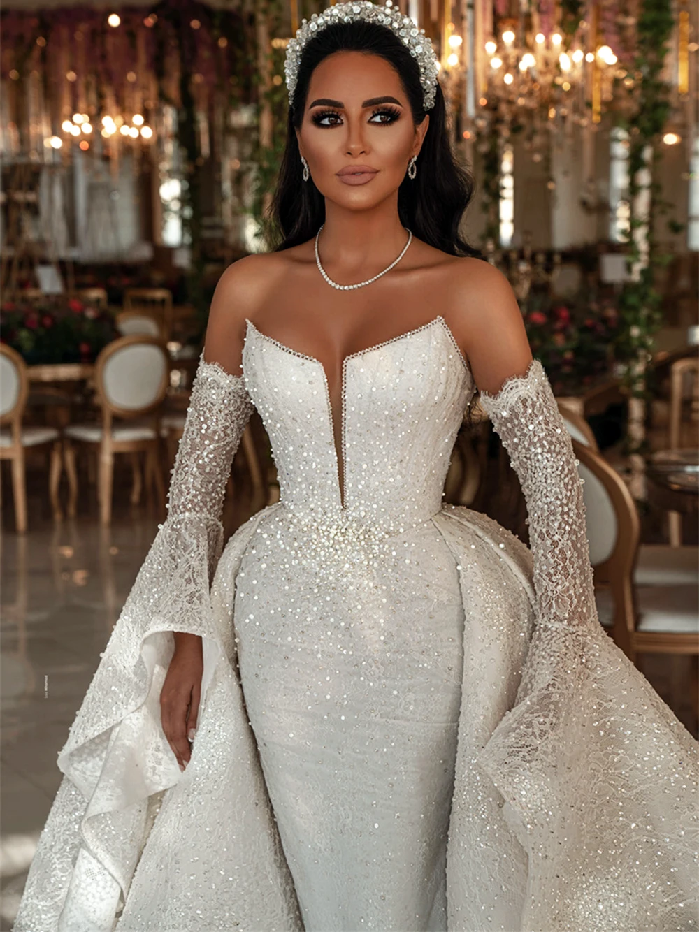 Pearls Wedding Dresses With Detachable Train Lace Appliques Bridal Gowns Custom Made Sequins Off Shoulder Vestido de novia