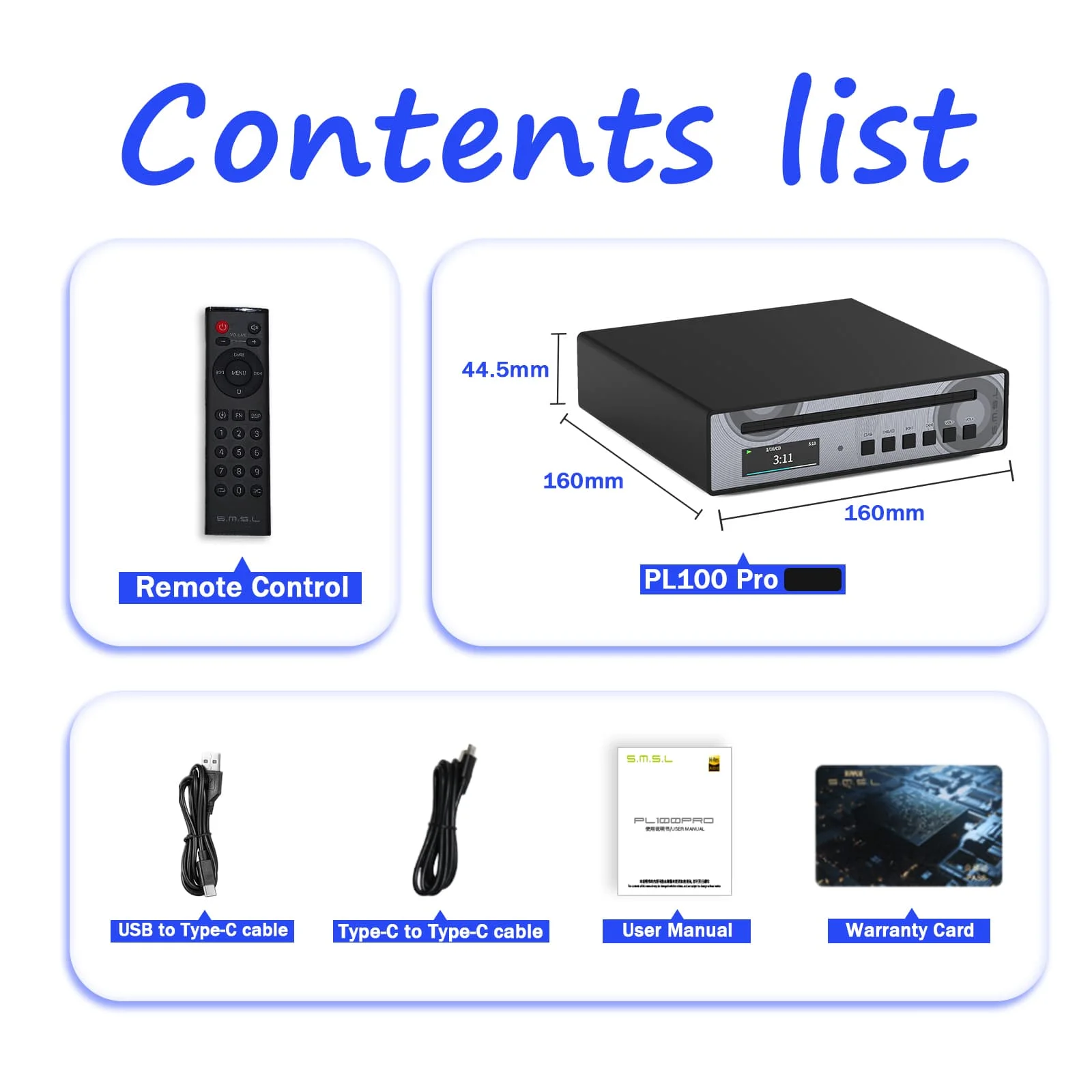 SMSL PL100 Pro Hi-res Audio CD-speler CS43131 DAC-chip Optisch Coaxiaal 3,5 mm 4,4 mm 200 mW hoofdtelefoonuitgang met afstandsbediening