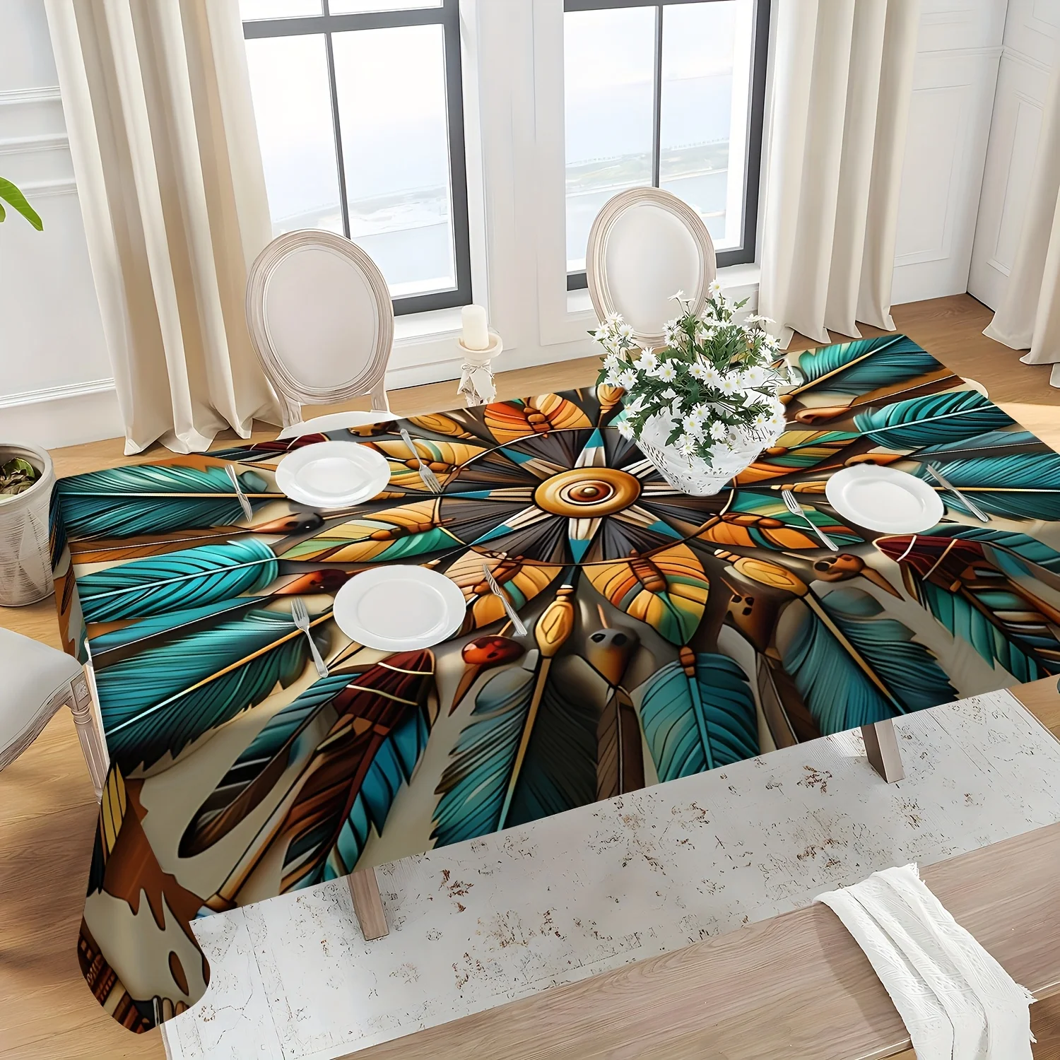 1pc of Tropical Feather Floral Design Table Cover in Teal Blue, Golden Brown, Black, And Beige - Made from Durable Polyester Fabric Suitable for Indoor And Outdoor Dining Decor for Kitchens, Parties