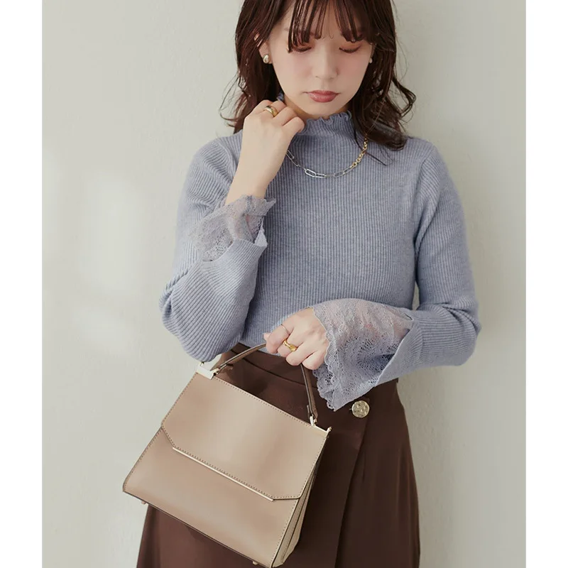 

Gagarich Fashion Japanese Women Pullover 2025 Autumn Winter New High Neck Lace Sleeve Splicing Slim Knitted Shirt Top