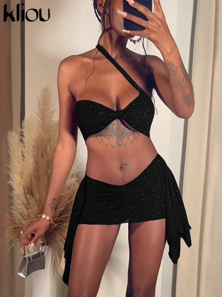 kliou Sexy Women 2 Piece Set Slash Neck Wrap Chest Bra+Irregular Tassel Slim Ruched Mini Skirts Female Party Midnight Clubwear