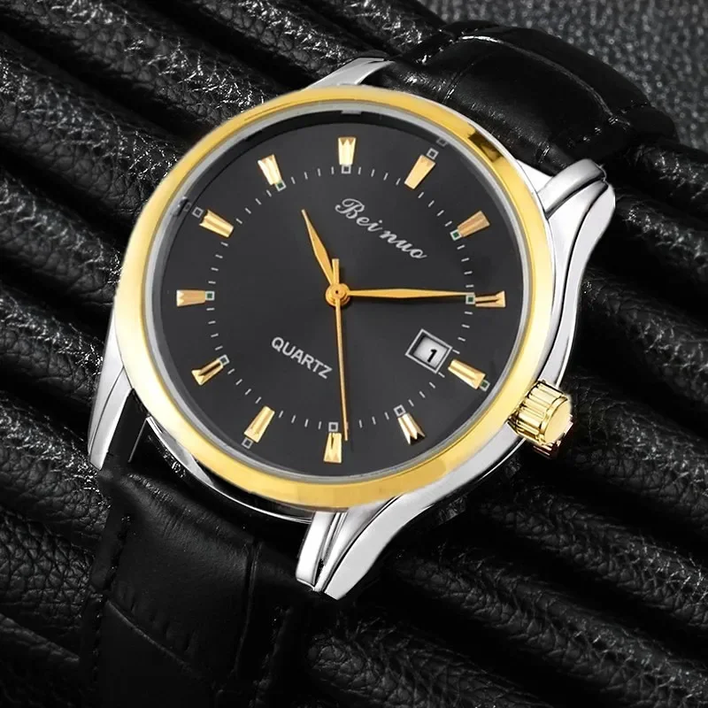 Classic Men's Quartz Watch with Calendar Fashion Metal Dial Leather Strap Man Watch Casual Business Male Clock Montre Homme