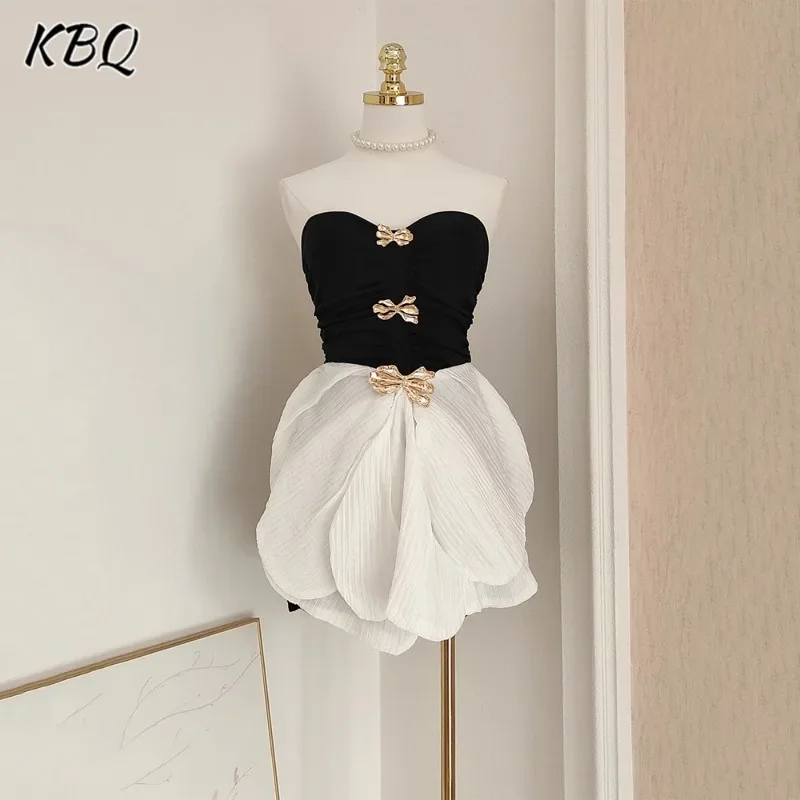 

KBQ French Slimming Hit Color Evening Dresses For Women Strapless Sleeveless Spliced Brooch Temperament Chic Dress Female New