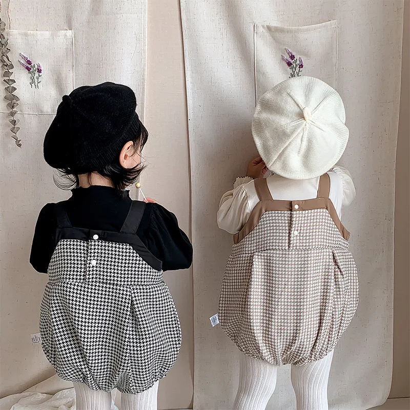 2024 Spring Autumn Newborn Baby Girls 2PCS Clothes Set Houndstooth Knotbow Strappy Romper Solid Tops Suit Infant Girls Outfits