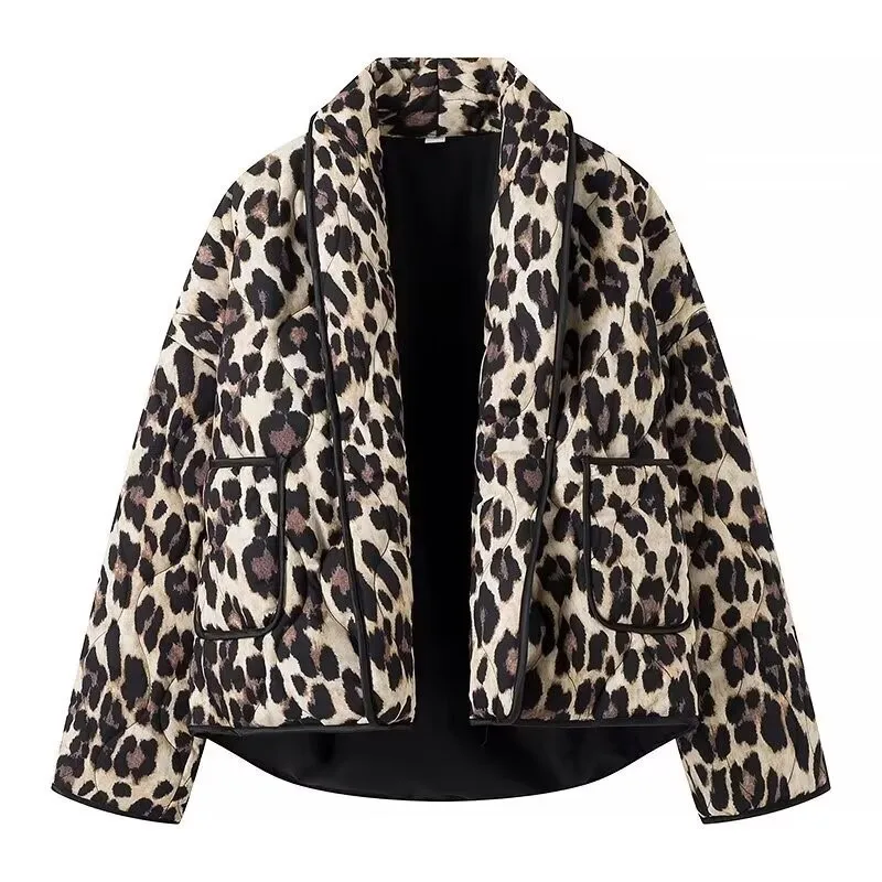 

2025 New Womens New Year Street-Style Cotton Top Leopard Print Lapel Jacket Warm Outerwear for Festive & Daily Wear Shawl Collar