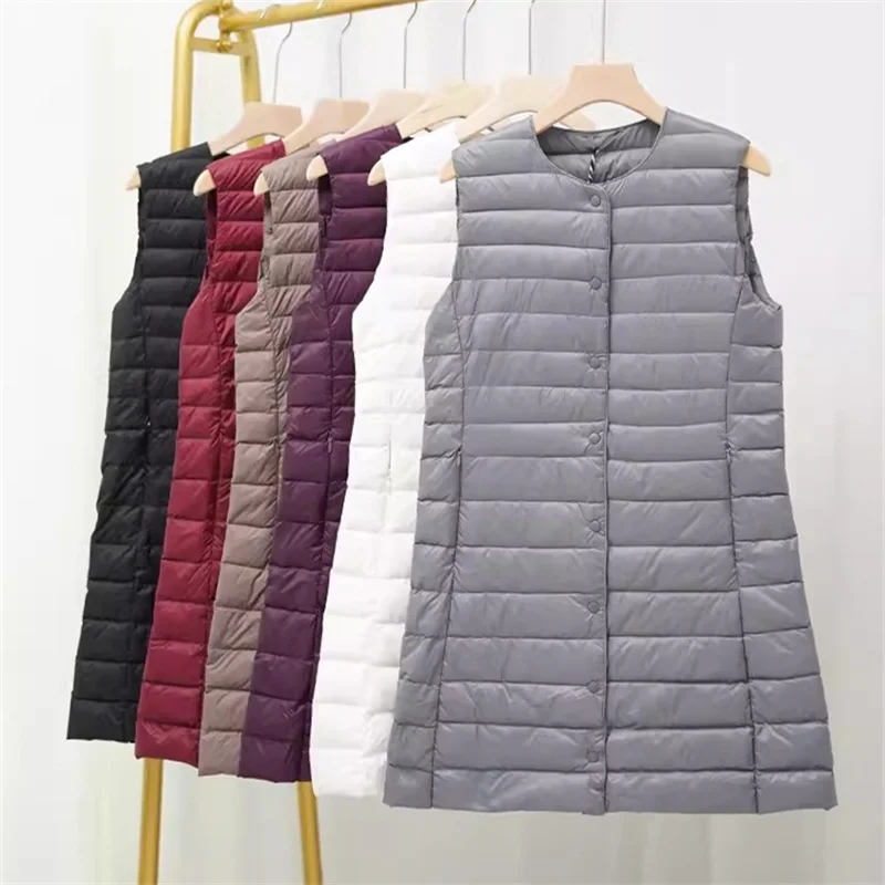 

2024 Autumn Winter Sleeveless Down Waistcoat Jacket Women Ultra Light White Duck Down Vest Ladies Single Breasted Long Tank Coat