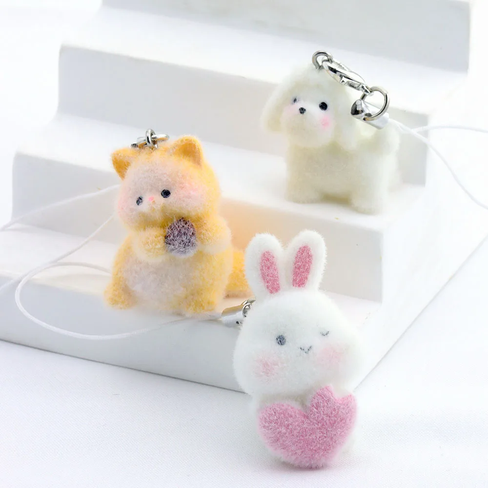 1Pcs Resin Cute Rabbit Lanyard Flocked Animal Phone Chain Pendant DIY Accessories Keychain Materials